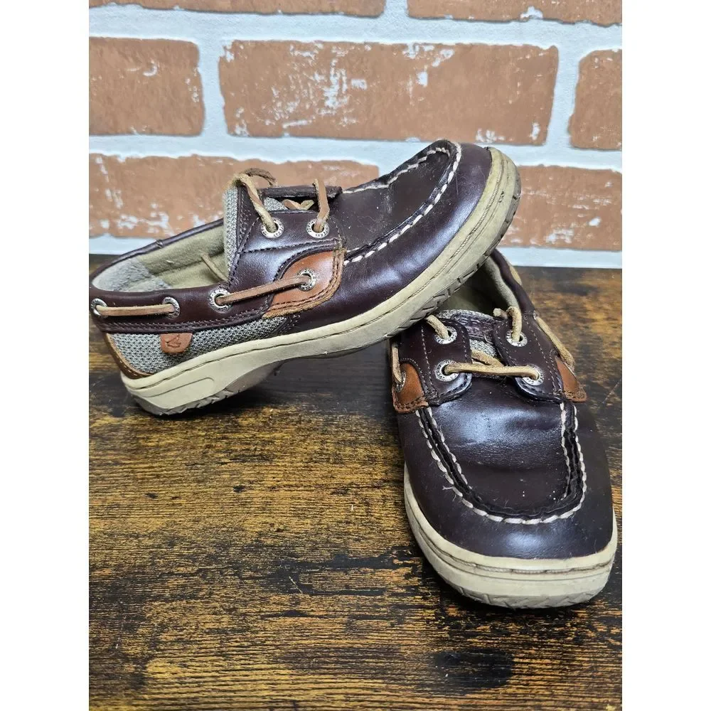 Sperry Top Sider Children's Boys Sz 12 W Boat Shoes Brown Leather /Mesh Slip On